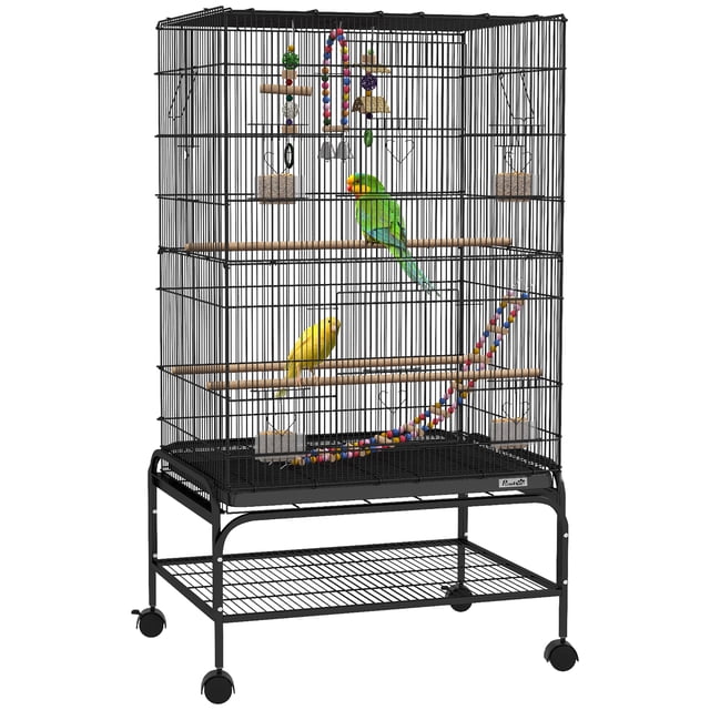 PawHut Cage à Oiseaux avec Support Roulant Noir, Conçue pour Perruches, Canaris et Autres Petits Oiseaux. Comprend des dimensions Spacieuses, Deux Perchoirs en Bois, Quatre Contenants Alimentaires en Plastique et des Jouets d'Oiseaux pour le Divertissement. Comprend Deux Grandes Portes, Huit Petites Portes et un Plateau Coulissant pour un Nettoyage Facile. le Support Roulant avec Quatre Roues, Deux avec Freins, Assure la Mobilité et la Stabilité. Tablette Inférieure pour Ranger les Fournitures pour Animaux.