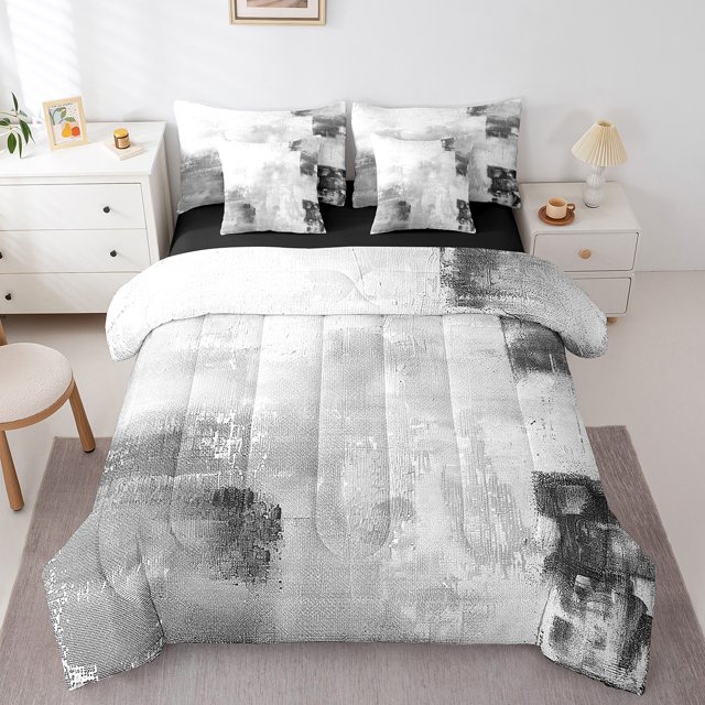 YST 7pcs Ombre Gradient Gray Oil Painting Comforter Set, King