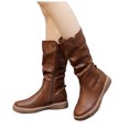 thumbnail image 1 of Womens Slouchy Mid Calf Riding Boots Casual Leather Round Toe Flat Low Heel Winter Fall Knight Boots, 1 of 5