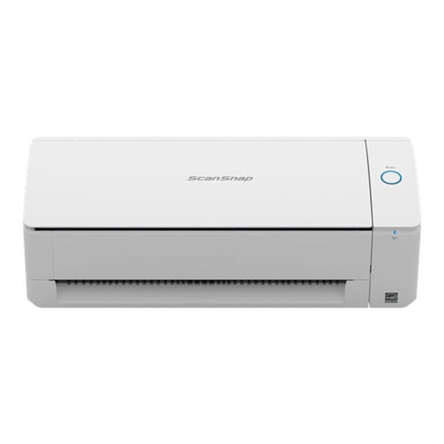 Ricoh ScanSnap iX1300 compact wireless or USB double-sided colour document, photo and receipt scanner in white with a slim rectangular design, ScanSnap logo on top, blue LED scan button on the right, and front paper feeder slot, ideal for home or office use with Mac or PC connectivity and Wi-Fi support