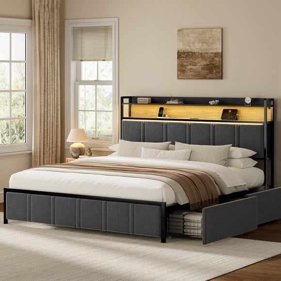 GUNAITO Cadre de Lit Très Grand avec Tête de Lit de Rangement, Cadre de Lit Plateforme Rembourré à 2 Tiroirs avec Éclairage DEL, Ports USB et Prises, Gris
