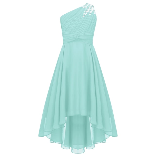 TSSOE Robe pour Fillettes Demoiselle d'Honneur Junior pour Mariage Froncée à une Épaule Fête Ourlet Haut-Bas Robe de Bal Vert Menthe 12
