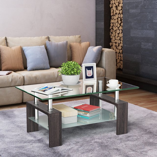 Costway Table Basse Rectangulaire en Verre Pieds en Métal Table d'Appoint Salon Noir