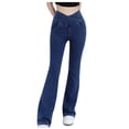 thumbnail image 1 of Besolor Jeans Coupe Bottillon à Taille Croisée Évasée à Pattes d'Éléphant pour Femmes, Bleu Foncé, 1 of 4