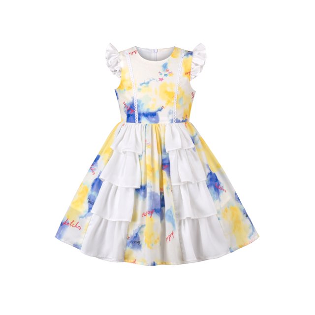 Girls Dress Princess Layered Ruffle Tie Dye Printing Flutter Sleeve White 10 Years