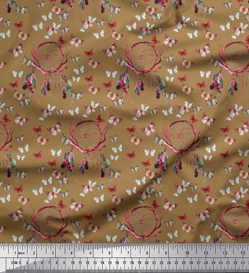 Soimoi Rayon Crepe Fabric Dream Catcher & Butterfly Print Sewing Fabric Yard 46 Inch Wide