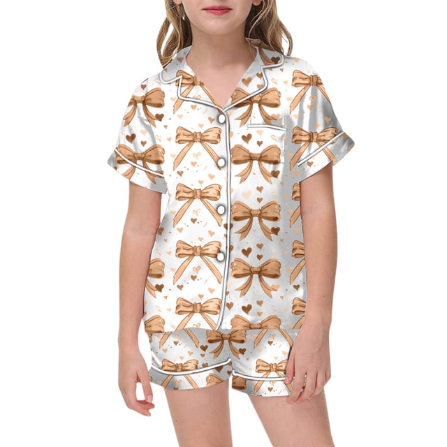 GDREDA Ensembles de Pyjama pour Filles Pyjama Imprimé pour Fille Haut à Boutons à Manches Courtes Shorts Ensemble de Pyjama pour la Maison Orange, 2-3 Ans