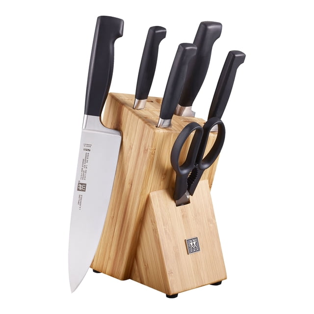 ZWILLING Four Star 7 Piece Knife Block Set, Nature, designed for kitchen use with precision-forged knives featuring ergonomic polypropylene handles and ice-hardened FRIODUR blades for durability and sharpness. Includes a bamboo knife block, 4-inch paring knife, 5.5-inch prep knife, 5-inch serrated utility knife, 8-inch chef's knife, 8-inch bread knife, and kitchen shears, ideal for cutting and food preparation.