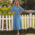 thumbnail image 1 of Drppepioner Robe d'Été pour Femme à Manches Courtes, Robe T-Shirt Décontractée 2024 Fluide de Plage à Col en V, Robes Soleil avec Poches, Mode Femme, Automne, Robe à Boutons à Manches Courtes à Col Rond, Bleu, 1 of 5