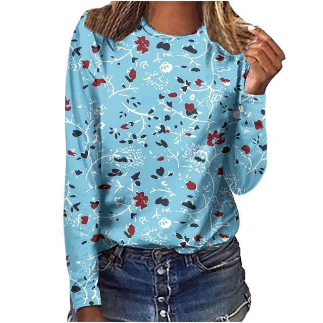 Pompotops Femmes Dames Col Rond Hauts Amples Décontractés T-Shirts Imprimés Blouse à Manches Longues en Solde