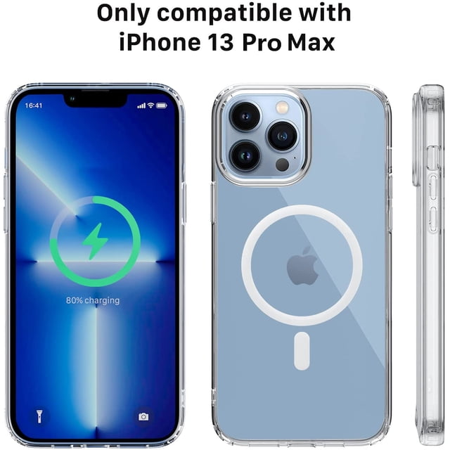 iPhone 13 Pro Max Case, Hybrid TPU Back Cover with Magnetic Wireless Charging (MagSafe Compatible). Designed for iPhone cases, it features a scratch-resistant acrylic back to display the phone's original look, built-in magnets for MagSafe wireless charging, raised edges for screen and camera protection, and drop protection on all sides.