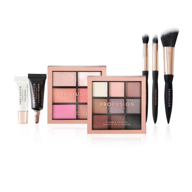 PROFUSION COSMETICS / Artistry On-The-Go Ensemble de Maquillage avec palette pour les Yeux à 9 Teintes, palette pour le Visage à 6 Teintes en Tons Neutres et Roses, Deux Apprêts pour le Visage et les Yeux, et Trois Pinceaux à Manche Noir avec Embouts Or rose sur Fond Blanc.