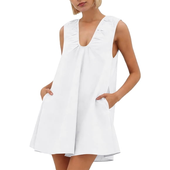 Mceream Dresses for Women Plus Size with Pockets Casual A Line Flowy Tank Dresses Summer Sleeveless V Neck Ruffled Hem Party Ruched Short Dress White S