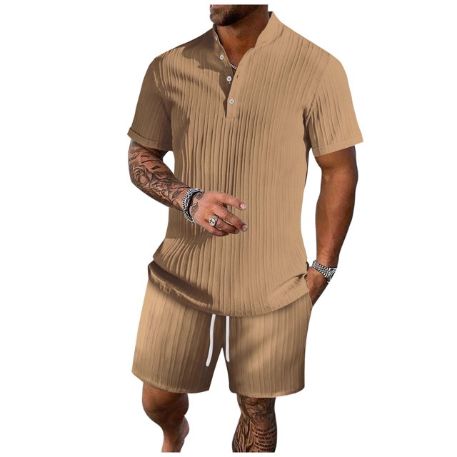 Birdeem Mens Stand Collar Button Blouse Short Sleeve Elastic Waist Lace-Up Lapel Suit