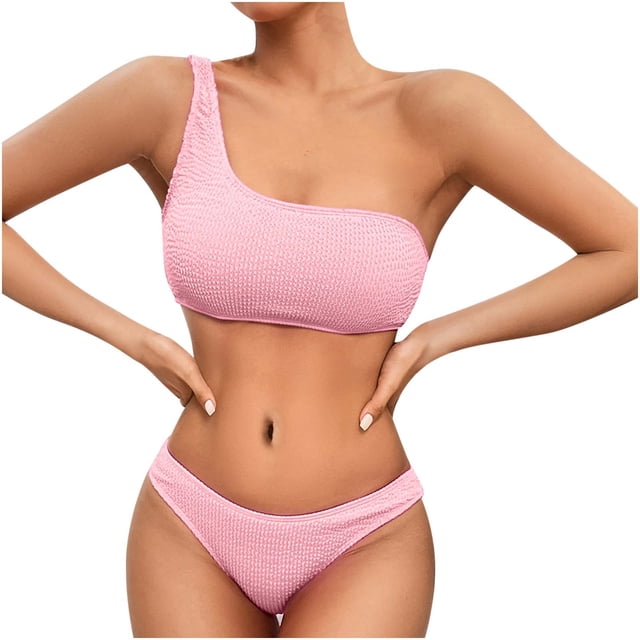Penkiiy Women's Ribbed Bikini Sets One Shoulder Top with Mid Waist Two Piece Bathing Suit L Pink