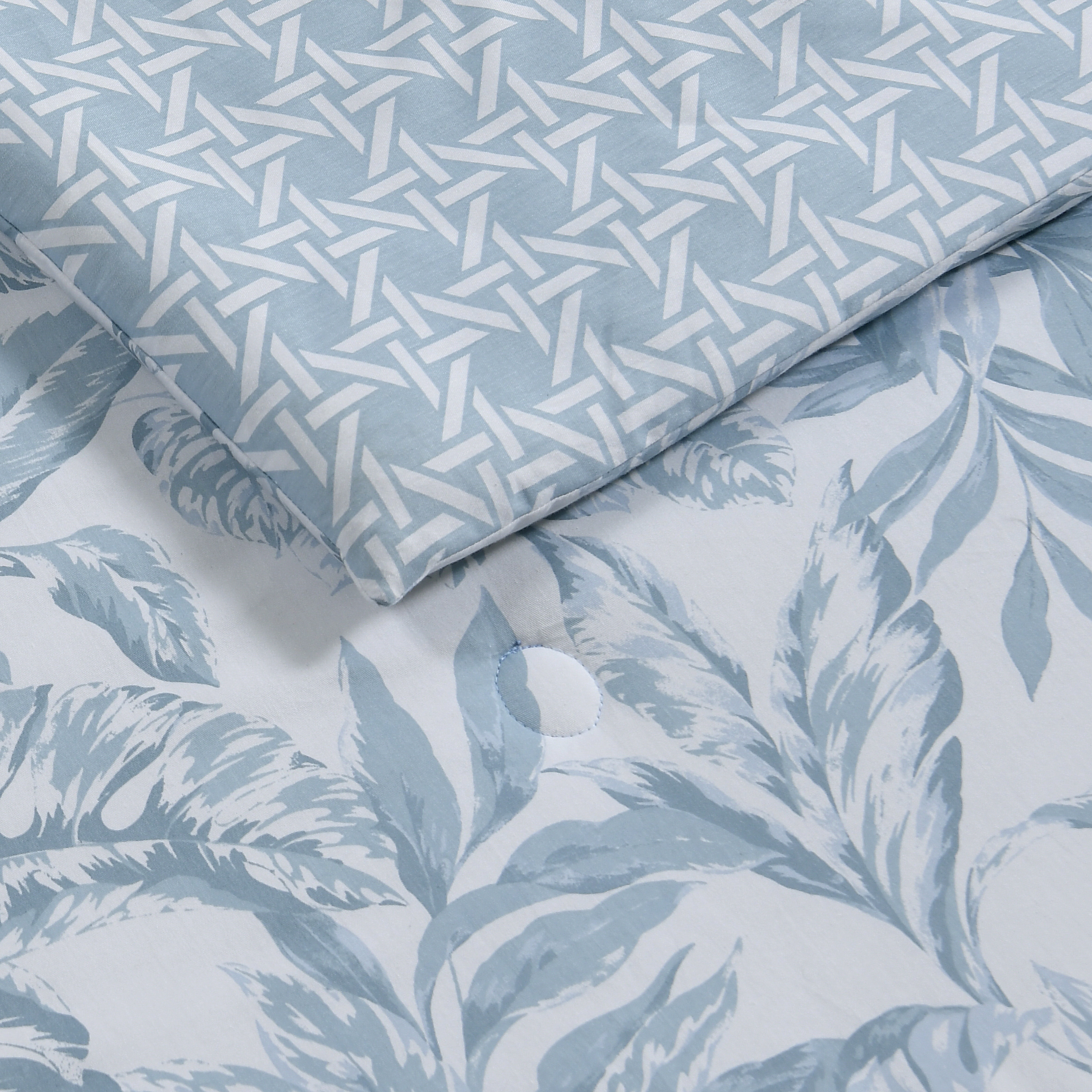 C&C California, Ensemble d’édredon réversible imprimée à motif feuilles, 100 % coton, respirant, confort toutes saisons, 3 pièces, Très Grand Lit, bleu