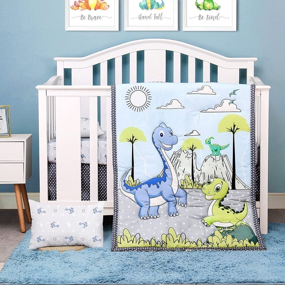 HSHDLDF JISEN Ensemble de Literie de Bassinette 3 Pcs Courtepointe de Bassinette Drap-Housse de Bassinette Taie d'Oreiller Microfibre Douce Imprimée Ensemble de Chambre de Bébé pour Garçons Ou Filles Dinosaurs