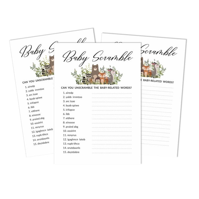 Inkdotpot Set Of 50 Baby ShowerWord ScrambleGame Cards Gender Neutral Leaves & Animals Party Supplies-Fun Baby Shower Game Favors