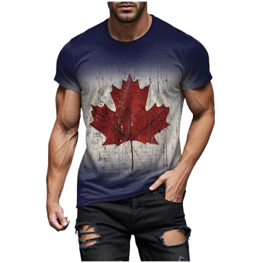 Ramiter Canada Maple Leaf Print Shirts for Men, 1st July Patriotic Canada Day Short Sleeve Round Maple Leafs Shirt Blue,XL