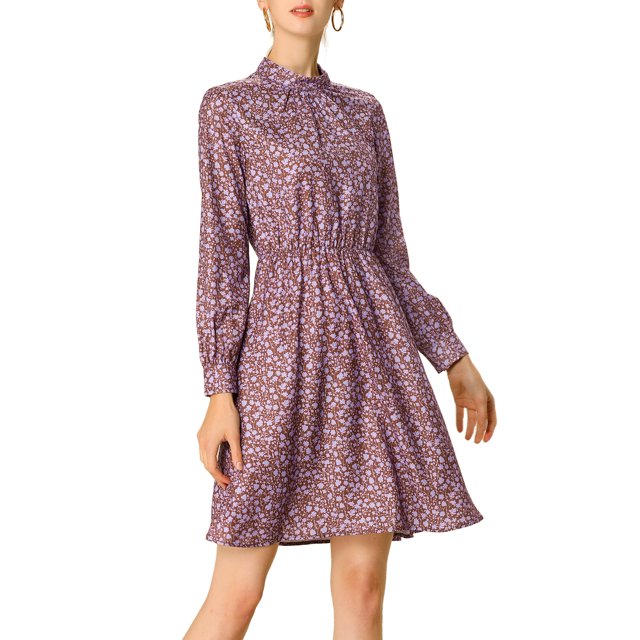 INSPIRE CHIC Robe à Manches Longues pour Femme, Florale, Évasée, à Nouer à la Taille, Col Smock