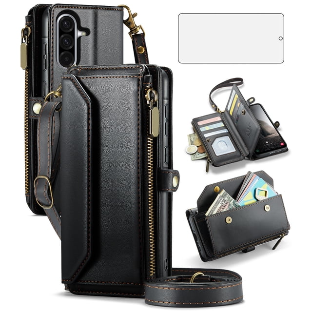 Asuwish Compatible with Samsung Galaxy A36 5G Zipper Wallet Phone Case Tempered Glass Screen Protector Crossbody Lanyard Strap Flip Card Holder Slot Cell Cover for A36 36A LTE SM-A366U Women Black
