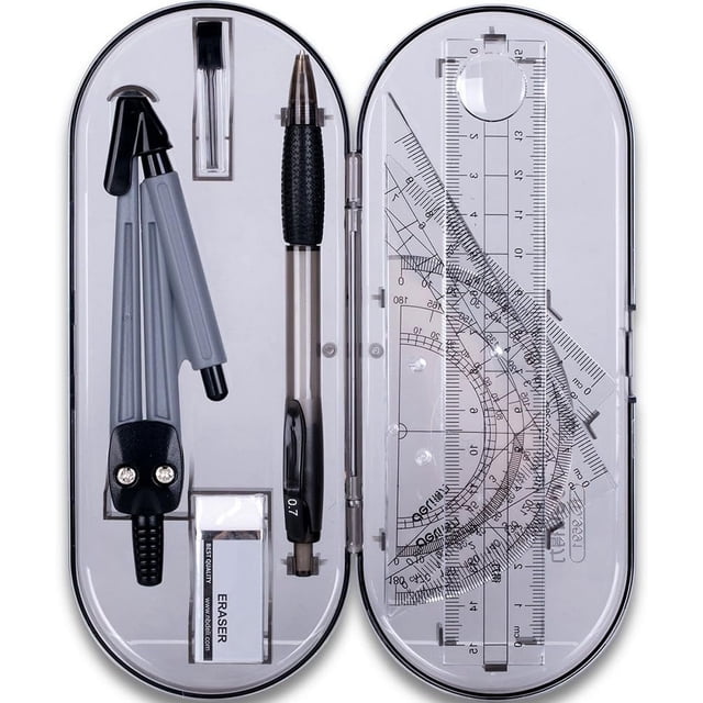 Boîte de Rangement Incassable, Ensemble de Boussoles de Géométrie avec Outils de Mathématiques Essentiels et Boussole Graphique, Parfait pour les Étudiants et les Enseignants. l'Ensemble Comprend un Étui durable Incassable Contenant une Boussole, un Rapporteur, des Règles, des Carrés, une Gomme et un Stylo, le Tout Bien Organisé pour un Accès Facile. Idéal pour des Dessins et des Calculs Géométriques Précis, Convient aux Étudiants, aux Enseignants et aux Passionnés de Mathématiques.