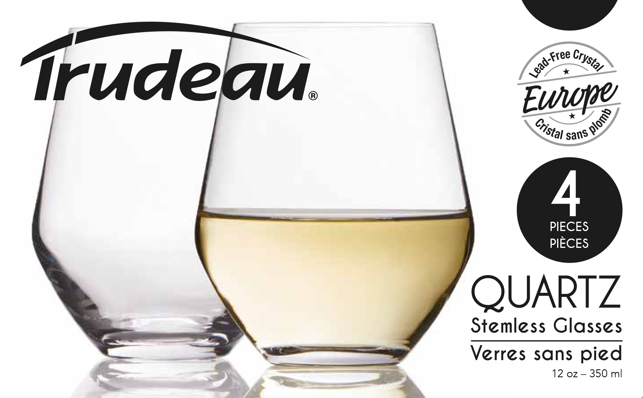 Trudeau Quartz Stemless Glasses White or Rose Wine, 12OZ BX/4,Made in Europe, Dishwasher Safe