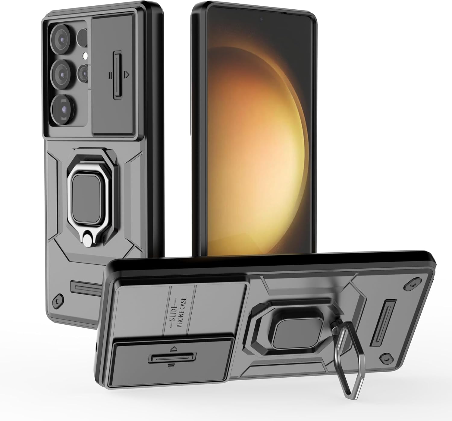 REQO for Samsung Galaxy S25 Ultra Case, [Slide Camera Cover] [Built-in Kickstand] Rotated Ring Military Grade Shockproof Protective Phone Case for Samsung Galaxy S25 Ultra