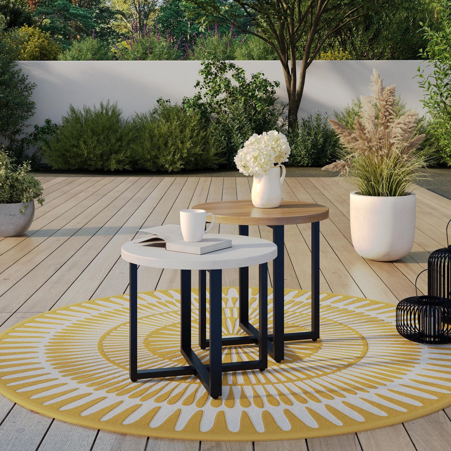 HOMETRENDS 2-Piece Steel Outdoor Nesting Side Tables, Brown/Off-White
