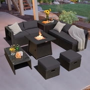 Costway 9PCS Patio Rattan Furniture Set Fire Pit Space-saving W/Cover Grey Cushion