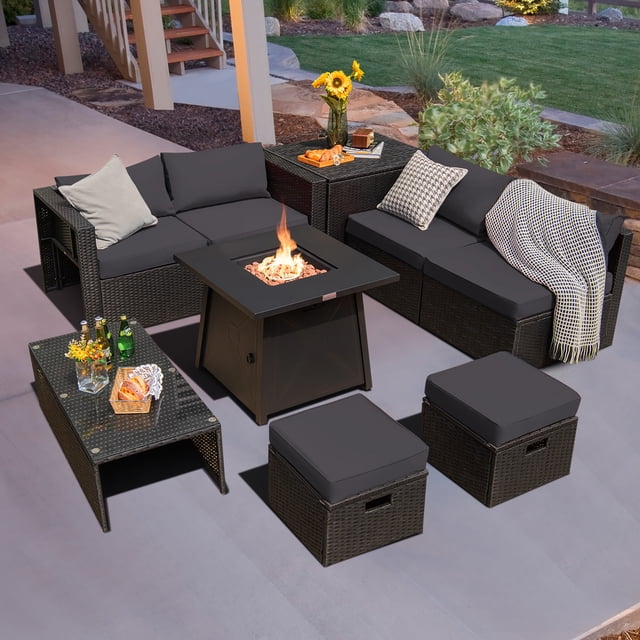Costway 9PCS Patio Rattan Furniture Set Fire Pit Space-saving W/Cover Grey Cushion