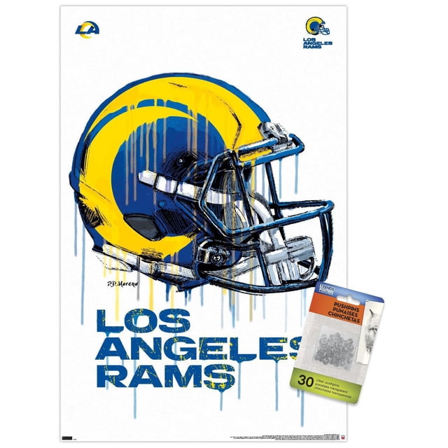 NFL Los Angeles Rams - Affiche Murale « Drip Helmet 20 », 14,725 Po x 22,375 Po Encadrée Montrant une illustration Centrée d'Un Casque de football des Los Angeles Rams avec Effet de Peinture Goutte Jaune et Bleue, Texte Bleu Audacieux et Usé « Los Angeles Rams » Ci-Dessous, et des logos d'Équipe dans les Coins Supérieurs sur Fond Blanc, Idéal pour la Déco de Chambre à Thème Sportif.