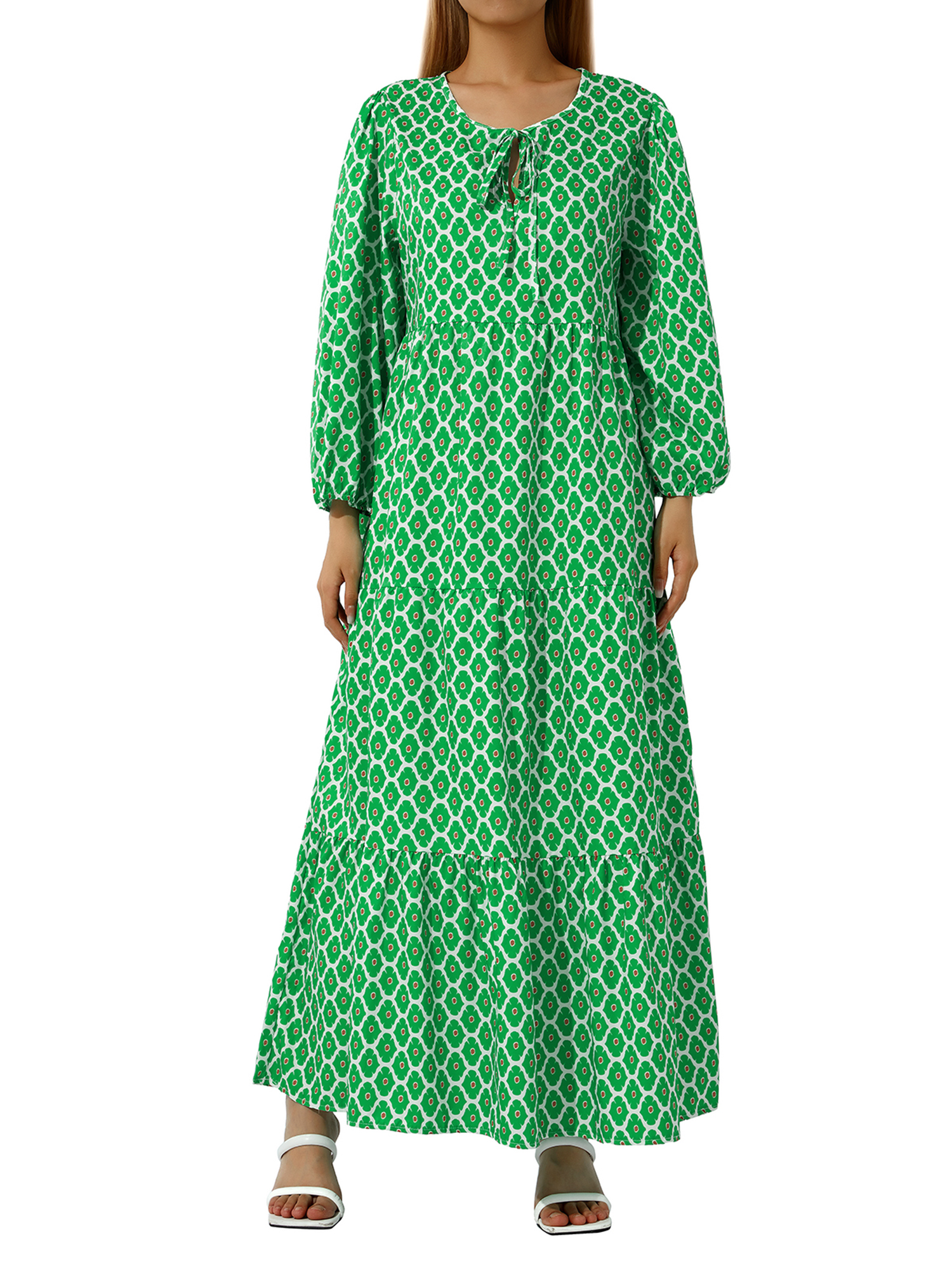 Kmbangi Robe Longue pour Femmes à Imprimé Géométrique, Col en V, Manches Longues Bouffantes, Coupe Ample, Robe Mode pour le Printemps et l'Été
