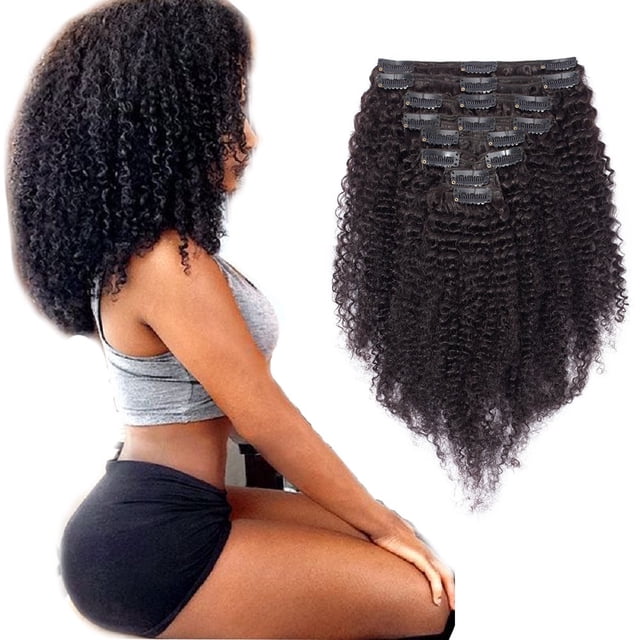 Extensions de Cheveux Humains à Clip pour Femmes, Afro à Double Trame, Crépus et Bouclés, Tête Complète
