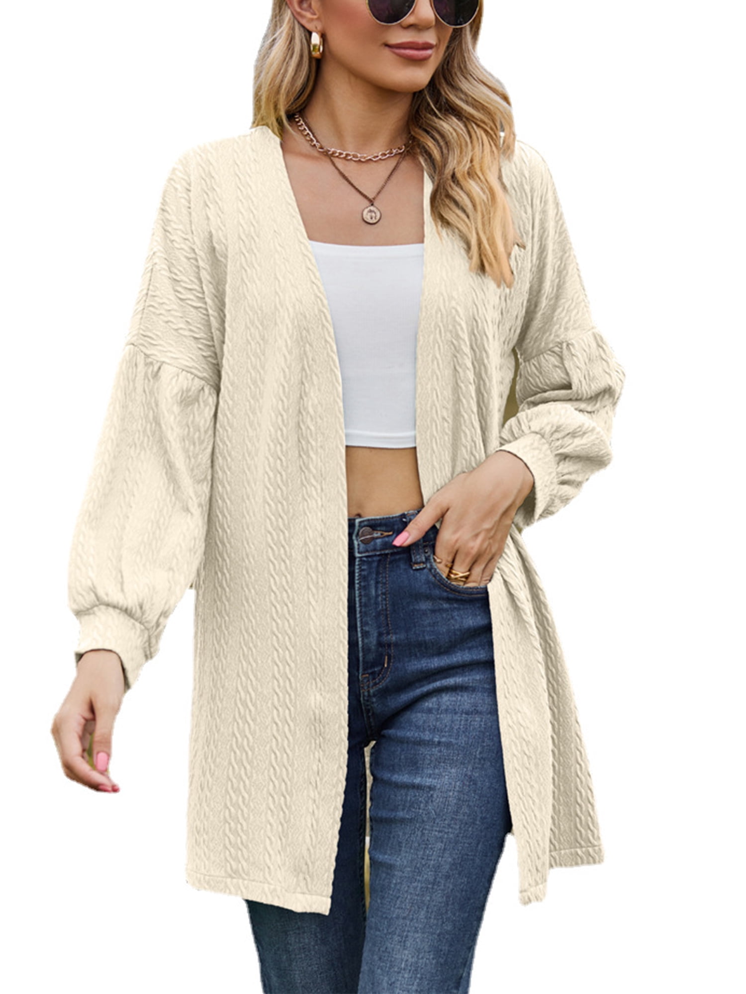Avamo Ladies Cardigan Open Front Outwear Solid Color Knit Cardigans Lightweight Tunic Tops Work Apricot 2XL