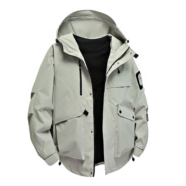PEONAVET Mens Jacket Men's Solid Color Waterproof Long Sleeved Hooded Workwear With Multiple Pockets Jacket
