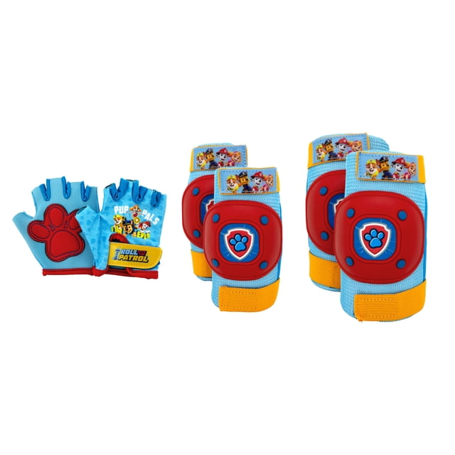 Bell Sports Paw Patrol Pup Pals Pad Set and Gloves front-facing view of a child's adjustable protective set: two elbow pads, two knee pads with colourful knee-cap designs, and two gloves with adjustable straps and visible high-impact skid guards, suitable for bike, scooter or skateboard use, recommended for ages 3+.