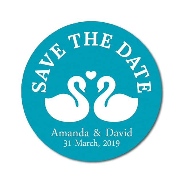 Darling Souvenir Round 45 Pcs Loving Swans Save The Date Stickers Personalized Bride Groom Names And Date Envelope Seals - Turquoise
