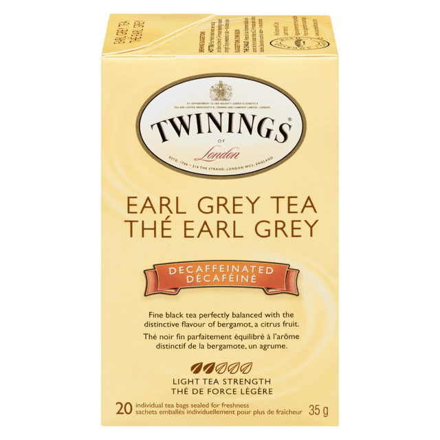 Twinings Earl Grey Decaffeinated Tea box with 20 individually wrapped tea bags of fine black specialty tea blended with bergamot citrus flavor, light tea strength, 35 g, bilingual English and French text on pale yellow packaging.