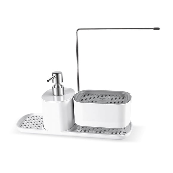 famuka Distributeur de Savon 3 en 1 Ensemble de Distributeurs de Liquide Vaisselle Organisateur de Comptoir d'Évier avec Porte-Éponge pour Cuisine, Salle de Bain