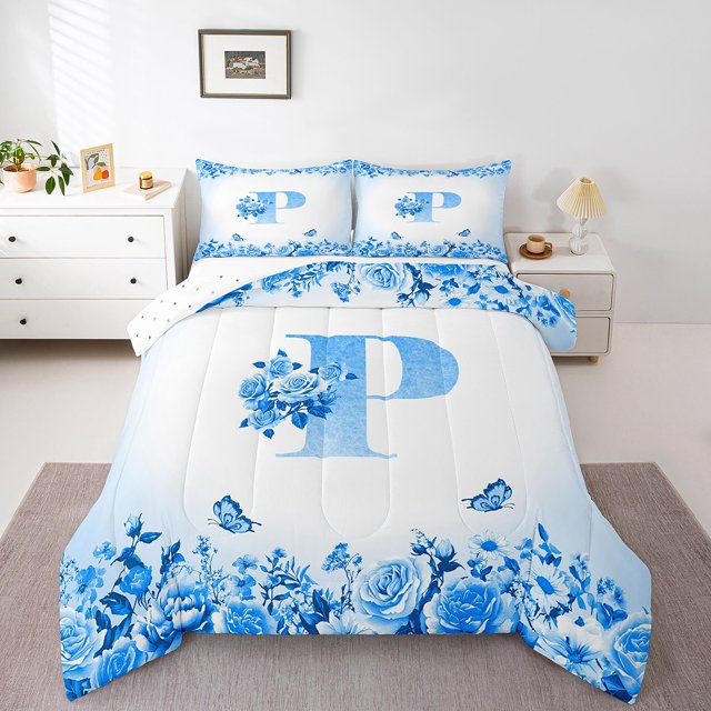 Erosebridal Ensembles de Literie Initiale Florale Double avec Couette, Insert de Couette Fleur Papillon, Déco de Chambre Ado, Réversible, 3 Pcs