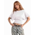 thumbnail image 2 of T-shirts pour Femmes à Col Rond, Taille Resserrée, T-Shirt Décontracté à Manches Courtes, Hauts d'Entraînement, Couleur Unie, T-Shirts Basiques, Blanc G, 2 of 5