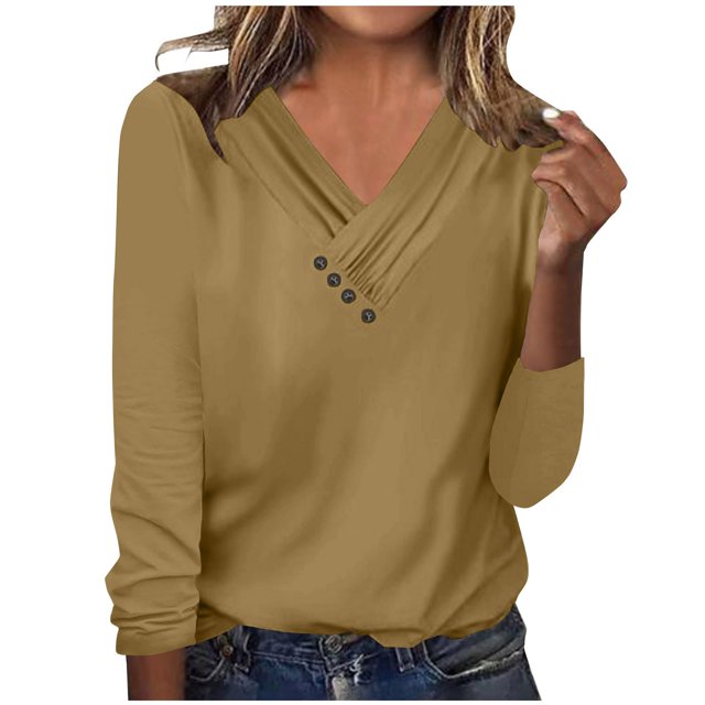 Timegard Womens Tops V-Neck Ruched Button Long Sleeve Solid Color Comfy Tee Dressy Casual Tunic Top
