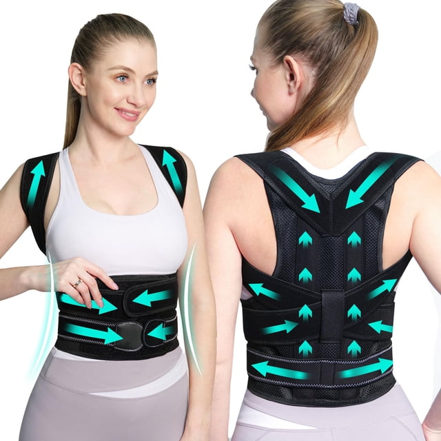 AOFIT Posture Corrector Back Brace for Women and Men shown in a front and back view. The adjustable brace features breathable black mesh material with teal directional arrows indicating posture alignment. Suitable for full back support, shoulder straightening, and relieving back pain. Ideal for improving posture and aligning the lumbar lower back.