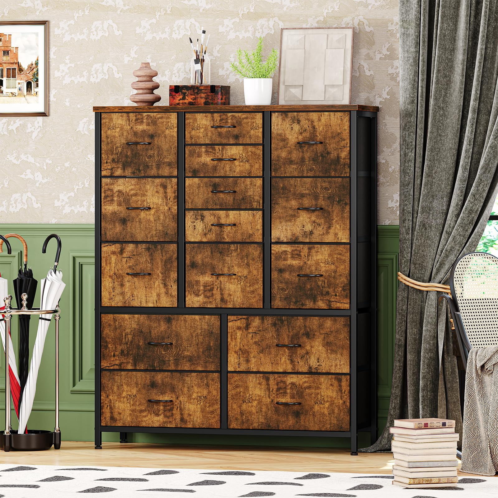 2024 New Dresser for Bedroom with 15 Drawers, Tall Dresser & Chests of Drawers, Fabric Storage Dresser for Closet, Hallway, Living Room