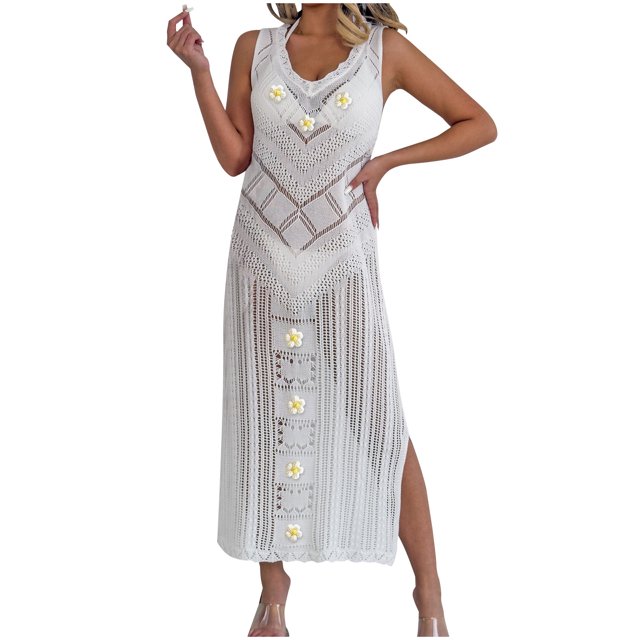Besolor Robe Maxi Crochet Sans Manches pour Femmes, Robe Longue en Tricot à Fleurs Ajourée, Maillot de Bain de Plage