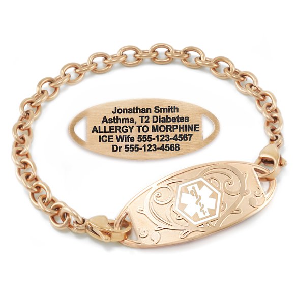 MedicEngraved Rose Gold Stainless Steel Custom Medical Alert Bracelet - 5mm Oval Link