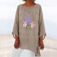thumbnail image 3 of Birdeem Womens 3/4 Sleeve Round Neck Cotton Linen Shirt Personalized Print Tops Loose Irregular Hem Blouse, 3 of 4