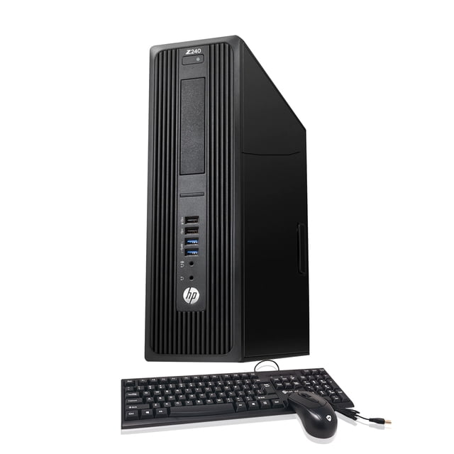 HP Workstation Z240 SFF Desktop PC Computer featuring an Intel Core i5-6500 processor, 8GB RAM, and 128GB SSD. Includes Windows 10 Pro, power cord, keyboard, mouse, and WiFi. Refurbished A Grade with a compact small form factor design, suitable for business tasks and light-to-medium graphics work.
