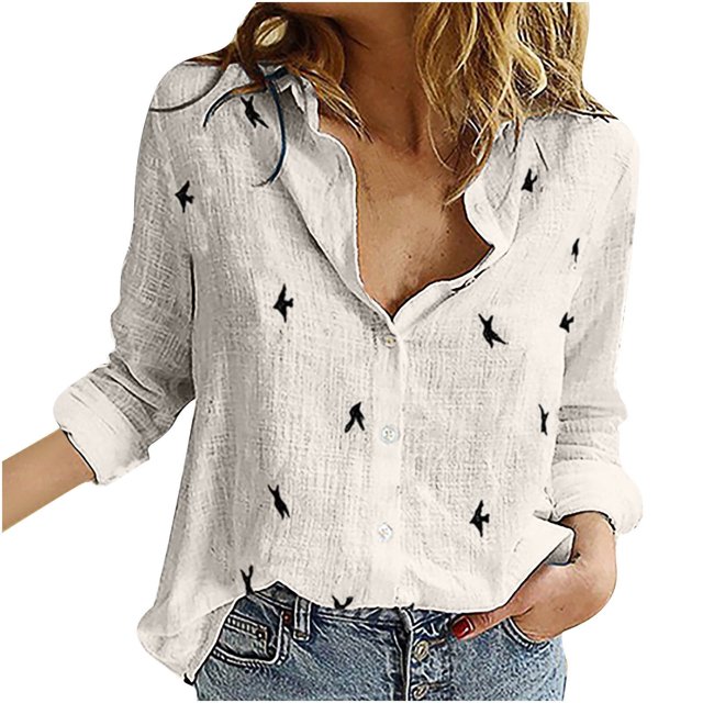 Pompotops T-shirt à Manches Longues Décontracté Imprimé Mode pour Femmes en Lin en Solde